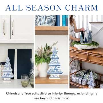 Two's Company Inc. White & Blue Ceramic Christmas Tree, 12" Vintage Tabletop Holiday Figurine, Chinoiserie Xmas Table Decor