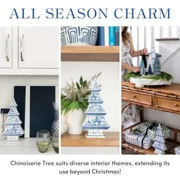 Two's Company Inc. White & Blue Ceramic Christmas Tree, 12" Vintage Tabletop Holiday Figurine, Chinoiserie Xmas Table Decor