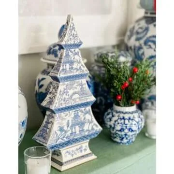 Two's Company Inc. White & Blue Ceramic Christmas Tree, 12" Vintage Tabletop Holiday Figurine, Chinoiserie Xmas Table Decor