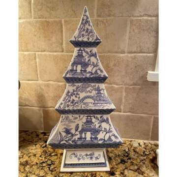 Two's Company Inc. White & Blue Ceramic Christmas Tree, 12" Vintage Tabletop Holiday Figurine, Chinoiserie Xmas Table Decor
