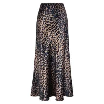 Outoshe Women's Satin High Waisted Maxi Skirts Hidden Elasticized Waistband A Line Long Skirt Leopar...