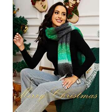 ELEHOLD Scarf Winter Neck Warmer Women Green Scarf Long Fleece Scarf Cashmere Wraps Pashmina Shawls Fashion Wool Scarf Contrast Shawls Wraps Christmas- Green