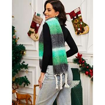 ELEHOLD Scarf Winter Neck Warmer Women Green Scarf Long Fleece Scarf Cashmere Wraps Pashmina Shawls Fashion Wool Scarf Contrast Shawls Wraps Christmas- Green