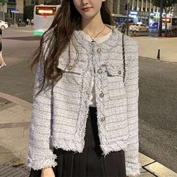 SaytoRose Women's Plaid White Tweed Blazer Open Front Collarless Blazer Elegant Work Cropped Jacket Coat(Blue,S)