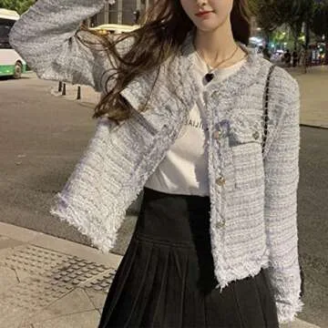 SaytoRose Women's Plaid White Tweed Blazer Open Front Collarless Blazer Elegant Work Cropped Jacket Coat(Blue,S)