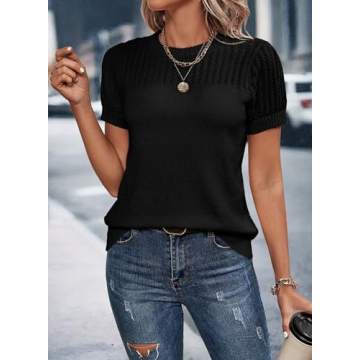 Dokotoo Short Sleeve Shirts Sweaters for Women Breathable Hollow Out Round Neck Spring Summer Tops for Women Cozy Solid Short Sleeve Relaxed Tunic Tops Blouses Womens Cute T-Shirts Black S