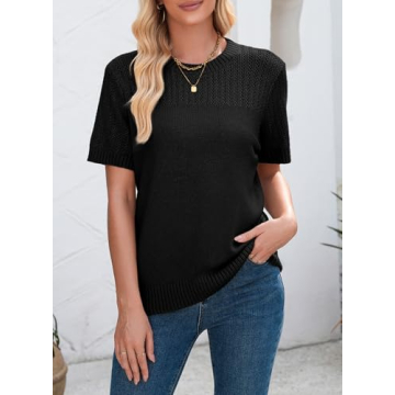 Dokotoo Short Sleeve Shirts Sweaters for Women Breathable Hollow Out Round Neck Spring Summer Tops for Women Cozy Solid Short Sleeve Relaxed Tunic Tops Blouses Womens Cute T-Shirts Black S