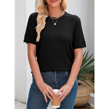 Dokotoo Short Sleeve Shirts Sweaters for Women Breathable Hollow Out Round Neck Spring Summer Tops for Women Cozy Solid Short Sleeve Relaxed Tunic Tops Blouses Womens Cute T-Shirts Black S