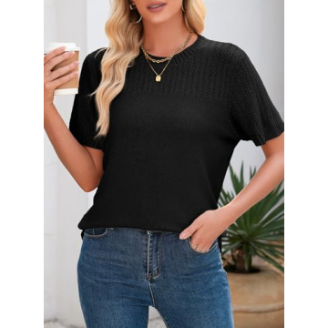 Dokotoo Short Sleeve Shirts Sweaters for Women Breathable Hollow Out Round Neck Spring Summer Tops for Women Cozy Solid Short Sleeve Relaxed Tunic Tops Blouses Womens Cute T-Shirts Black S