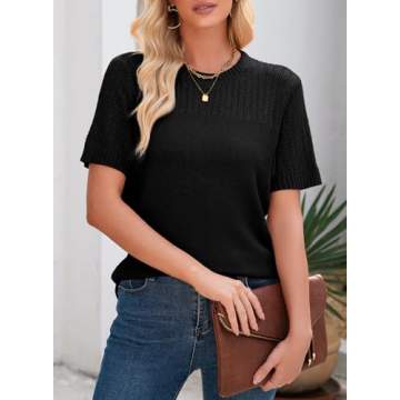 Dokotoo Short Sleeve Shirts Sweaters for Women Breathable Hollow Out Round Neck Spring Summer Tops for Women Cozy Solid Short Sleeve Relaxed Tunic Tops Blouses Womens Cute T-Shirts Black S