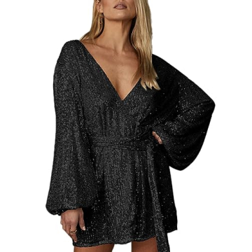 Ababalaya Sparkly Sequin Mini Dress - Sexy V Neckline, Long Sleeve Wrap for Glam Nights