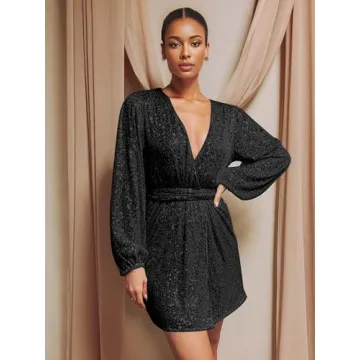 Ababalaya Sparkly Sequin Mini Dress Sexy V Neck Party Wear