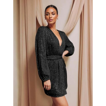 Ababalaya Sparkly Sequin Mini Dress Sexy V Neck Party Wear