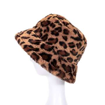 Leopard Faux Fur Bucklet Hat Women Thick Solid Fluffy Fuzzy Fisherman Hat Lambwool Warm Winter Cap