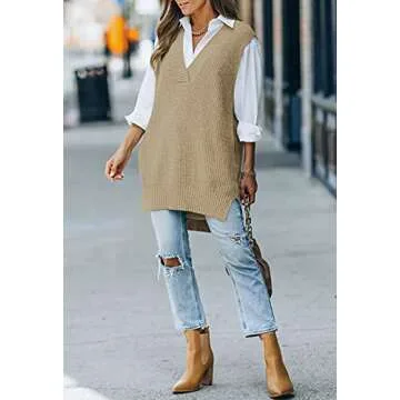 Viottiset Women's Oversized V Neck Knit Sweater Vest Tunic Sleeveless Pullover Top Khaki Medium