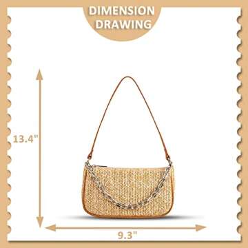 Straw Bag, Beach Bag, Hand-Woven Soft Handbag Underarm Bag With Decorative Chain, Bohemian Summer Ba...