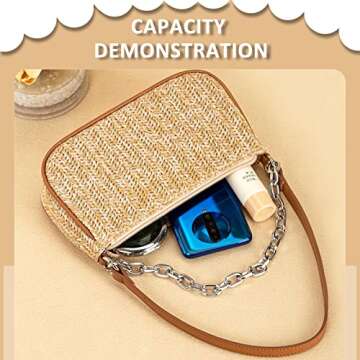 Straw Bag, Beach Bag, Hand-Woven Soft Handbag Underarm Bag With Decorative Chain, Bohemian Summer Bag Suitable for Vacation Travel Daily(Khaki)