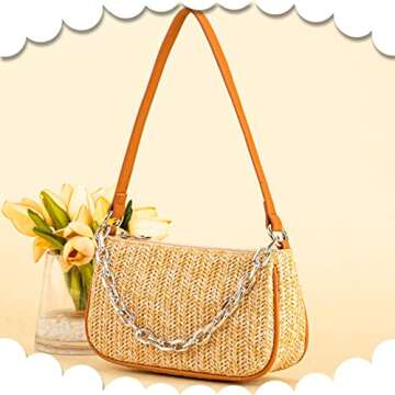 Straw Bag, Beach Bag, Hand-Woven Soft Handbag Underarm Bag With Decorative Chain, Bohemian Summer Bag Suitable for Vacation Travel Daily(Khaki)