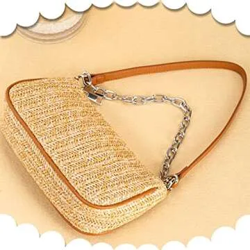 Straw Bag, Beach Bag, Hand-Woven Soft Handbag Underarm Bag With Decorative Chain, Bohemian Summer Bag Suitable for Vacation Travel Daily(Khaki)