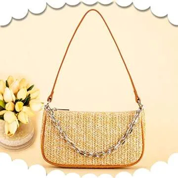 Straw Bag, Beach Bag, Hand-Woven Soft Handbag Underarm Bag With Decorative Chain, Bohemian Summer Bag Suitable for Vacation Travel Daily(Khaki)