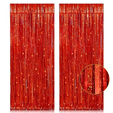 2 Pack 3.2ft x 8.2ft Red Foil Fringe Curtain, Glitter Metallic Tinsel Foil Fringe Curtains Photo Boo...