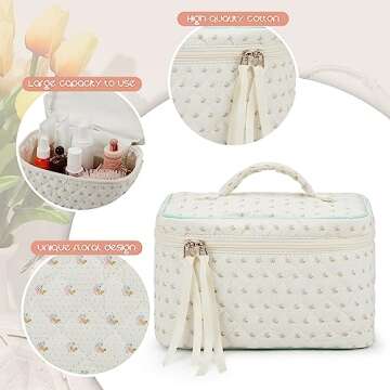 Silkfly 4 Pcs Cosmetic Bags Set Cotton Quilted Makeup Bag Portable Cute Floral Cosmetic Pouch Vintage Travel Coquette Aesthetic Small Tote for Women Suitcase Accessories(Floral)