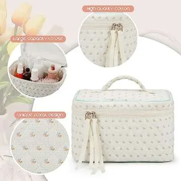 Silkfly 4 Pcs Cosmetic Bags Set Cotton Quilted Makeup Bag Portable Cute Floral Cosmetic Pouch Vintage Travel Coquette Aesthetic Small Tote for Women Suitcase Accessories(Floral)