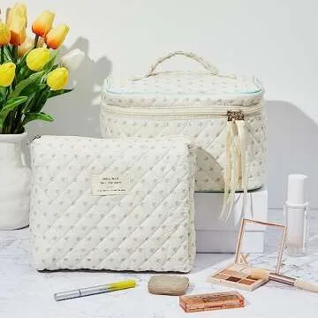 Silkfly 4 Pcs Cosmetic Bags Set Cotton Quilted Makeup Bag Portable Cute Floral Cosmetic Pouch Vintage Travel Coquette Aesthetic Small Tote for Women Suitcase Accessories(Floral)
