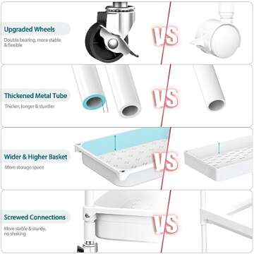 SPACEKEEPER Rolling Storage Cart, 3 Tier Utility Cart Laundry Room Organization Mobile Shelving Unit Bathroom Organizer with Towel Rack, Lockable Wheel, Hooks & Cup for Kitchen Office, White