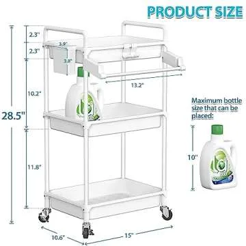 SPACEKEEPER Rolling Storage Cart, 3 Tier Utility Cart Laundry Room Organization Mobile Shelving Unit Bathroom Organizer with Towel Rack, Lockable Wheel, Hooks & Cup for Kitchen Office, White
