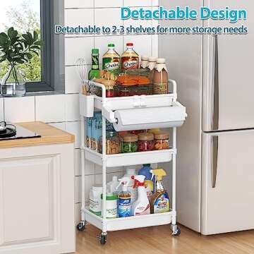 SPACEKEEPER Rolling Storage Cart, 3 Tier Utility Cart Laundry Room Organization Mobile Shelving Unit Bathroom Organizer with Towel Rack, Lockable Wheel, Hooks & Cup for Kitchen Office, White