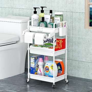 SPACEKEEPER Rolling Storage Cart, 3 Tier Utility Cart Laundry Room Organization Mobile Shelving Unit Bathroom Organizer with Towel Rack, Lockable Wheel, Hooks & Cup for Kitchen Office, White