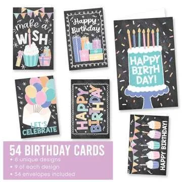 Hadley Designs 54 Colorful Happy Birthday Cards Bulk With Envelopes - Bulk Birthday Cards With Envelopes, Assorted Birthday Cards With Envelopes, Happy Birthday Card Pack, Kids Birthday Cards