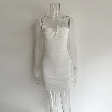 XLLAIS Women Long Puff Sleeve Bodycon Mesh Dress