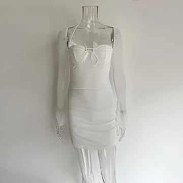 XLLAIS Women Long Puff Sleeve Bodycon Mesh Dress