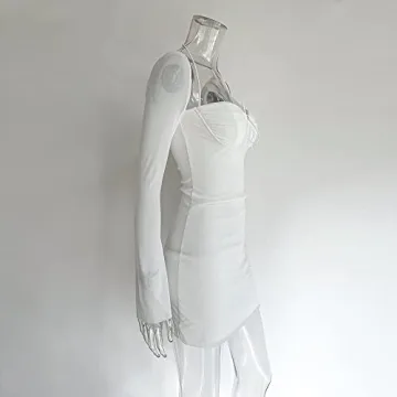 XLLAIS Women Long Puff Sleeve Bodycon Mesh Dress