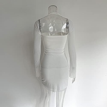 XLLAIS Women Long Puff Sleeve Bodycon Mesh Dress