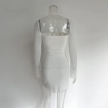 XLLAIS Women Long Puff Sleeve Bodycon Mesh Dress