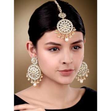 Aheli Ethnic Faux Kundan Drop Pearl Beads Dangle Earrings Maang Tikka Set Bollyood Wedding Party Fas...