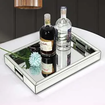 Rectangle Silver Mirror Decorative Tray Size 11” Length x 14” Width x 2” Height, Mirrored Vanity Organizer with Hand, Markup Perfume Jewelry Tray for Bathroom Bedroom Dresser Coffee Table qmdecor