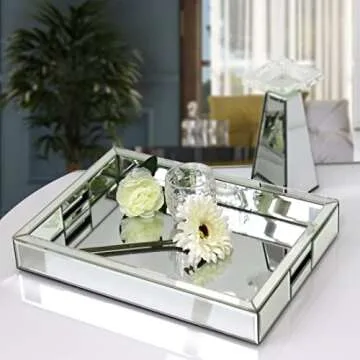 Rectangle Silver Mirror Decorative Tray Size 11” Length x 14” Width x 2” Height, Mirrored Vanity Organizer with Hand, Markup Perfume Jewelry Tray for Bathroom Bedroom Dresser Coffee Table qmdecor