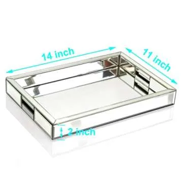 Rectangle Silver Mirror Decorative Tray Size 11” Length x 14” Width x 2” Height, Mirrored Vanity Organizer with Hand, Markup Perfume Jewelry Tray for Bathroom Bedroom Dresser Coffee Table qmdecor