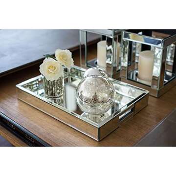 Rectangle Silver Mirror Decorative Tray Size 11” Length x 14” Width x 2” Height, Mirrored Vanity Organizer with Hand, Markup Perfume Jewelry Tray for Bathroom Bedroom Dresser Coffee Table qmdecor