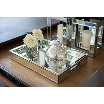 Rectangle Silver Mirror Decorative Tray Size 11” Length x 14” Width x 2” Height, Mirrored Vanity Organizer with Hand, Markup Perfume Jewelry Tray for Bathroom Bedroom Dresser Coffee Table qmdecor