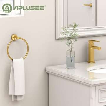 APLusee Towel Ring for Bathroom Wall, Brushed Gold Hand Towel Ring Holder, Heavy Duty SUS 304 Stainl...