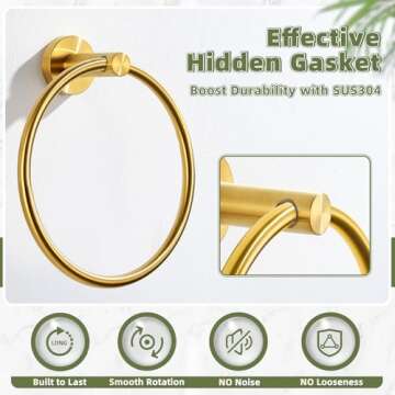 APLusee Towel Ring for Bathroom Wall, Brushed Gold Hand Towel Ring Holder, Heavy Duty SUS 304 Stainless Steel Modern Bathroom Accessories