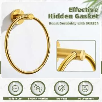 APLusee Towel Ring for Bathroom Wall, Brushed Gold Hand Towel Ring Holder, Heavy Duty SUS 304 Stainless Steel Modern Bathroom Accessories
