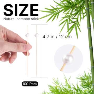 PuTwo 4.7" White Pearl Cocktail Picks - Handmade Bamboo Toothpicks (100 Counts)