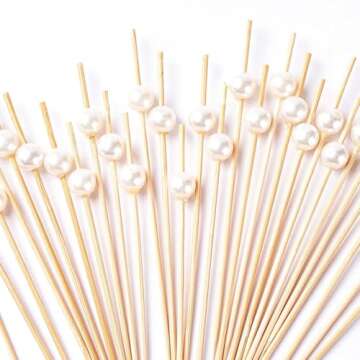 PuTwo Elegant Bamboo Cocktail Picks 4.7" with Pearls - 100 Count