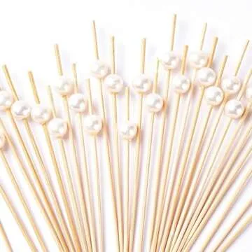 PuTwo Elegant Bamboo Cocktail Picks 4.7" with Pearls - 100 Count